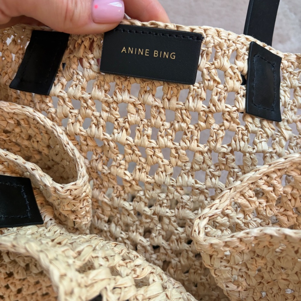 NWT ANINE BING Straw Tote Bag with Black Handles - Beige - Picture 8 of 10